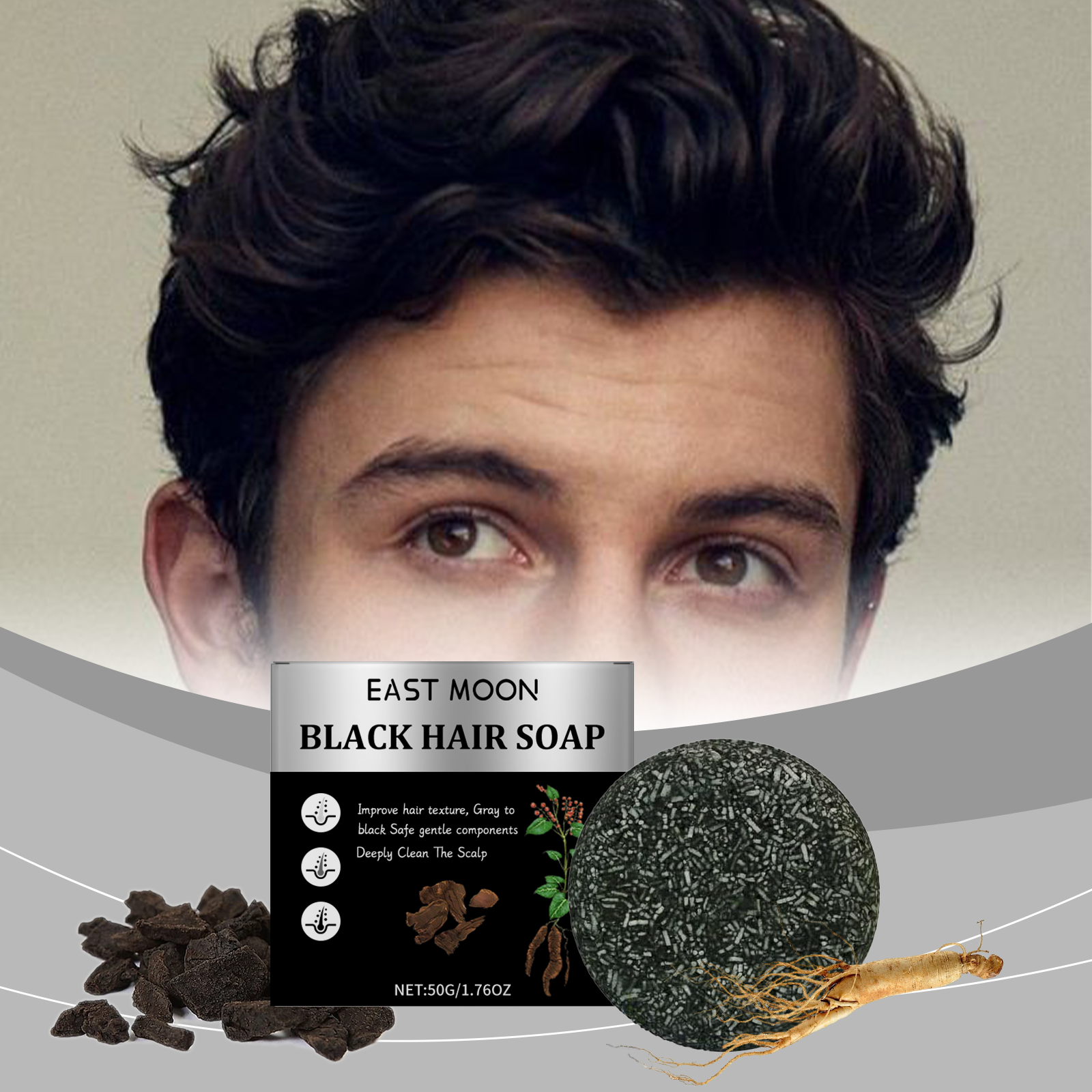 East Moon Men’s Charcoal Hair Soap – Cleanse & Strengthen Roots
